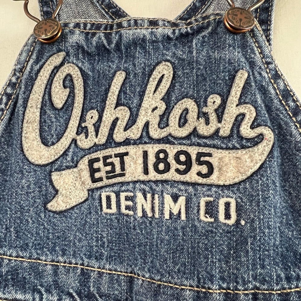 OshKosh Bib Overalls 12 months Blue Denim Pockets Embroidered Snap Up - Picture 3 of 15